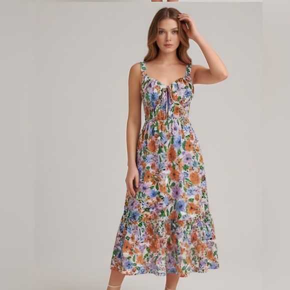 Boho Floral Print Tie Front Ruffle Hem Cami Dress - Picture 5 of 11